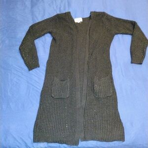 Ambiance Black Long Knit Open Cardigan with Pockets